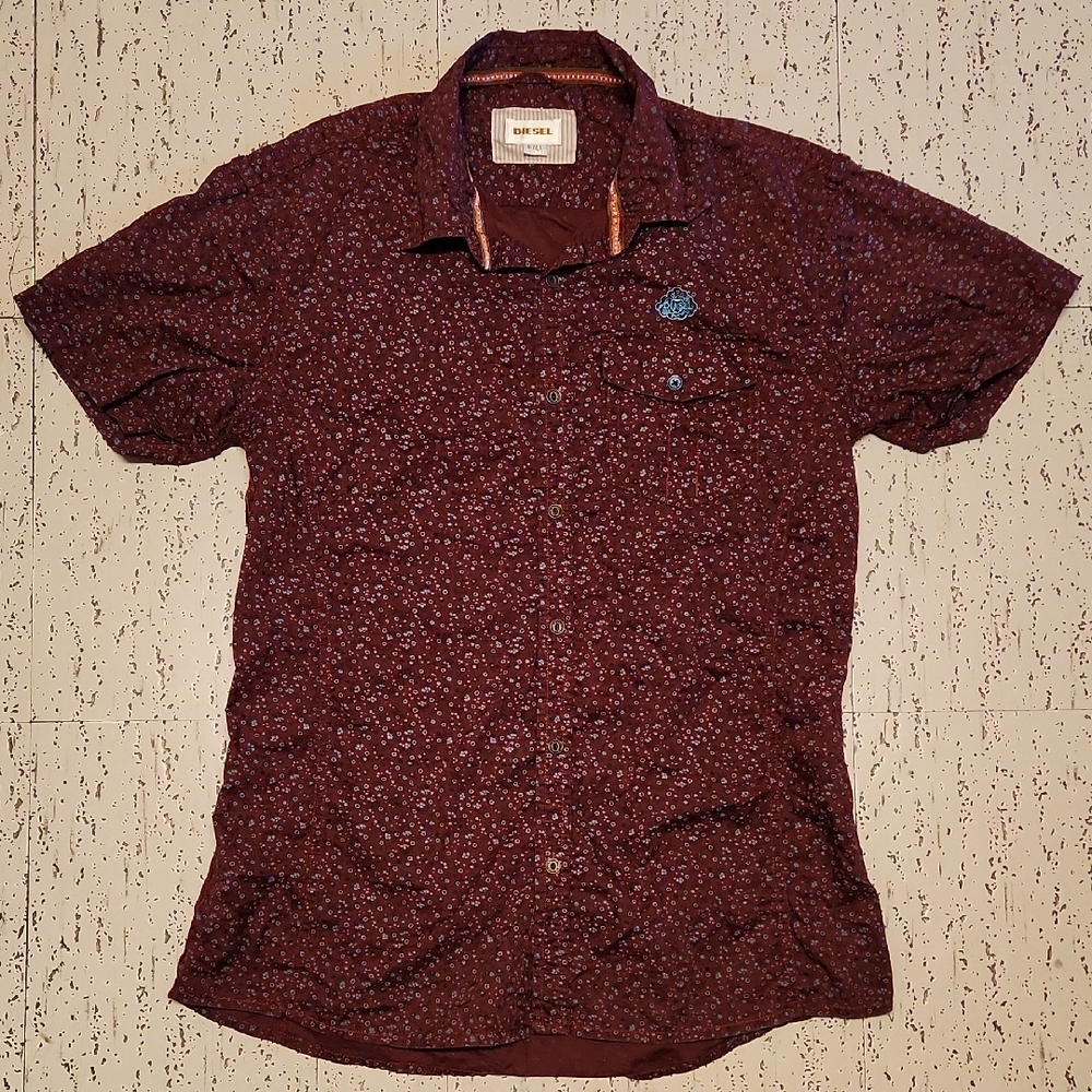 Diesel Burgendy Floral Print Short Sleeve Button Down Casual Dress Shirt